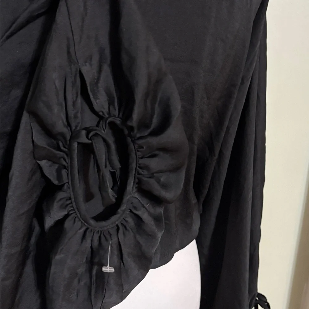 FAVLUX Black V Neck Crop Top Oversized Sleeves